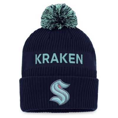 Men's NHL Fanatics Deep Sea Blue/Light Seattle Kraken 2022 NHL Draft Authentic Pro Cuffed Knit Hat with Pom, Navy Blue