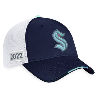 Mens NHL Fanatics NavyWhite Seattle Kraken 2022 NHL Draft Authentic Pro On Stage Trucker Adjustable Hat