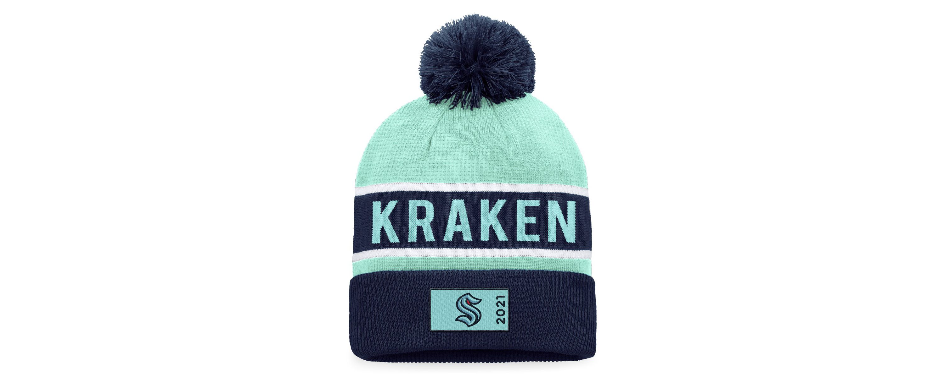 NHL Fanatics Deep Sea Blue/Light Seattle Kraken Authentic Pro Rink Cuffed Knit Hat with Pom