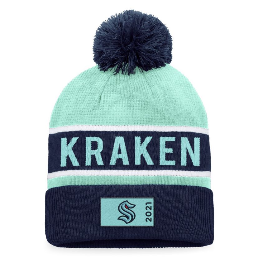 NHL Fanatics Deep Sea Blue/Light Seattle Kraken Authentic Pro Rink Cuffed Knit Hat with Pom