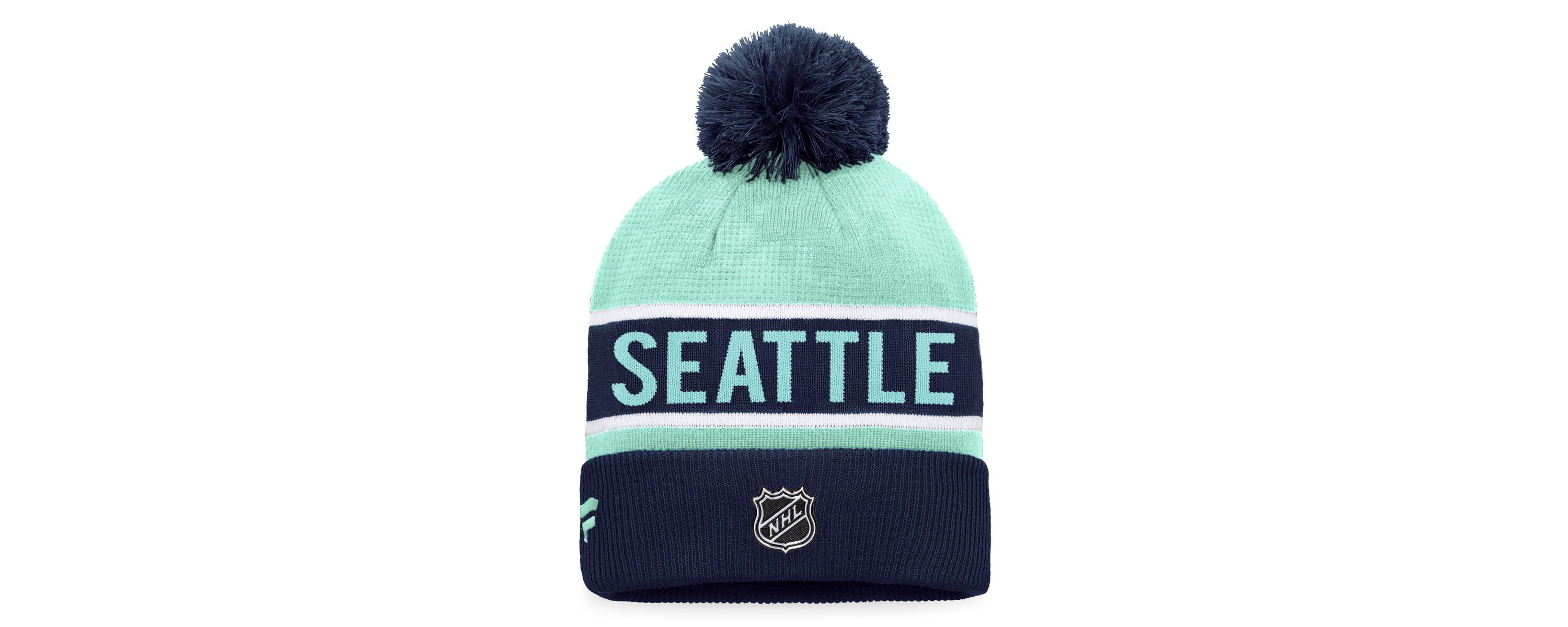 NHL Fanatics Deep Sea Blue/Light Seattle Kraken Authentic Pro Rink Cuffed Knit Hat with Pom