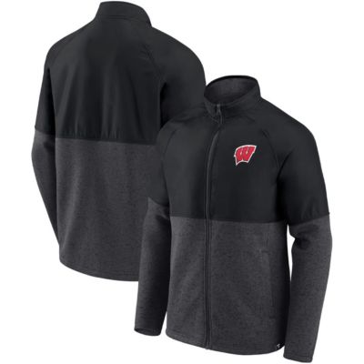 NCAA Fanatics Black/Heathered Wisconsin Badgers Durable Raglan Full-Zip Jacket