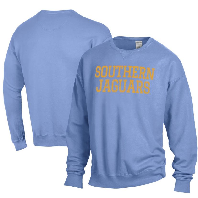 NCAA Powder Southern University Jaguars Garment Dyed Fleece Crewneck Pullover Sweatshirt