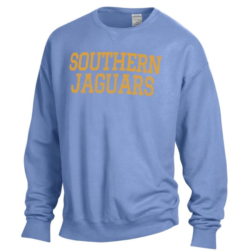 NCAA Powder Southern University Jaguars Garment Dyed Fleece Crewneck Pullover Sweatshirt