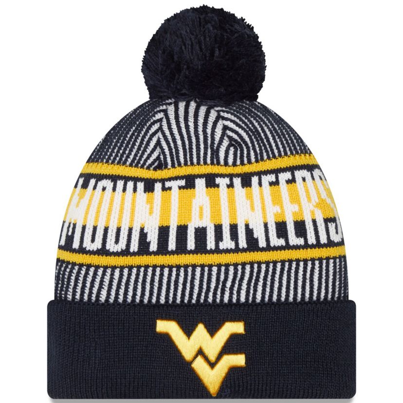 NCAA West Virginia Mountaineers Logo Striped Cuff Knit Hat with Pom