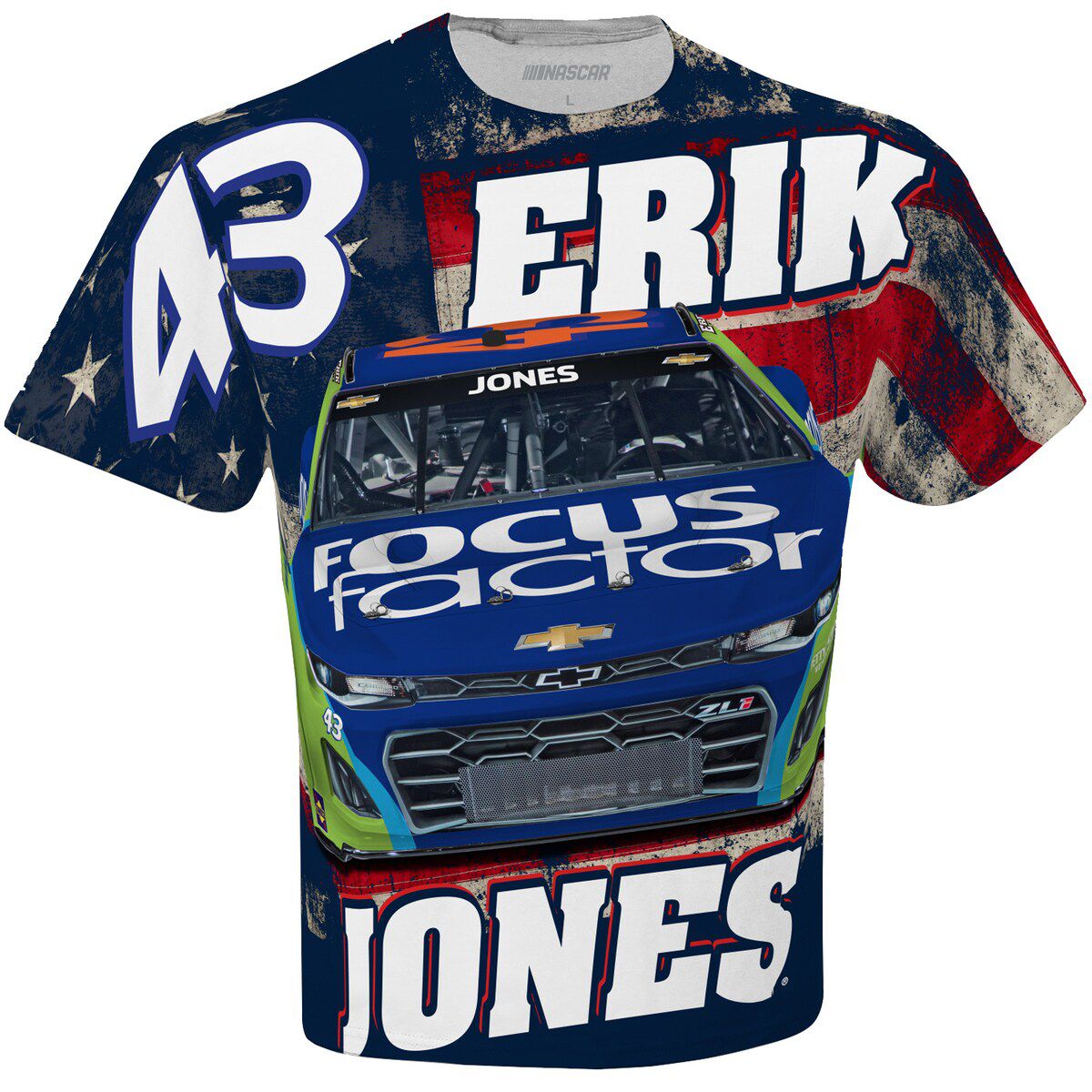 NASCAR Checkered Flag Erik Jones FOCUS factor Sublimated Patriotic Total Print T-Shirt