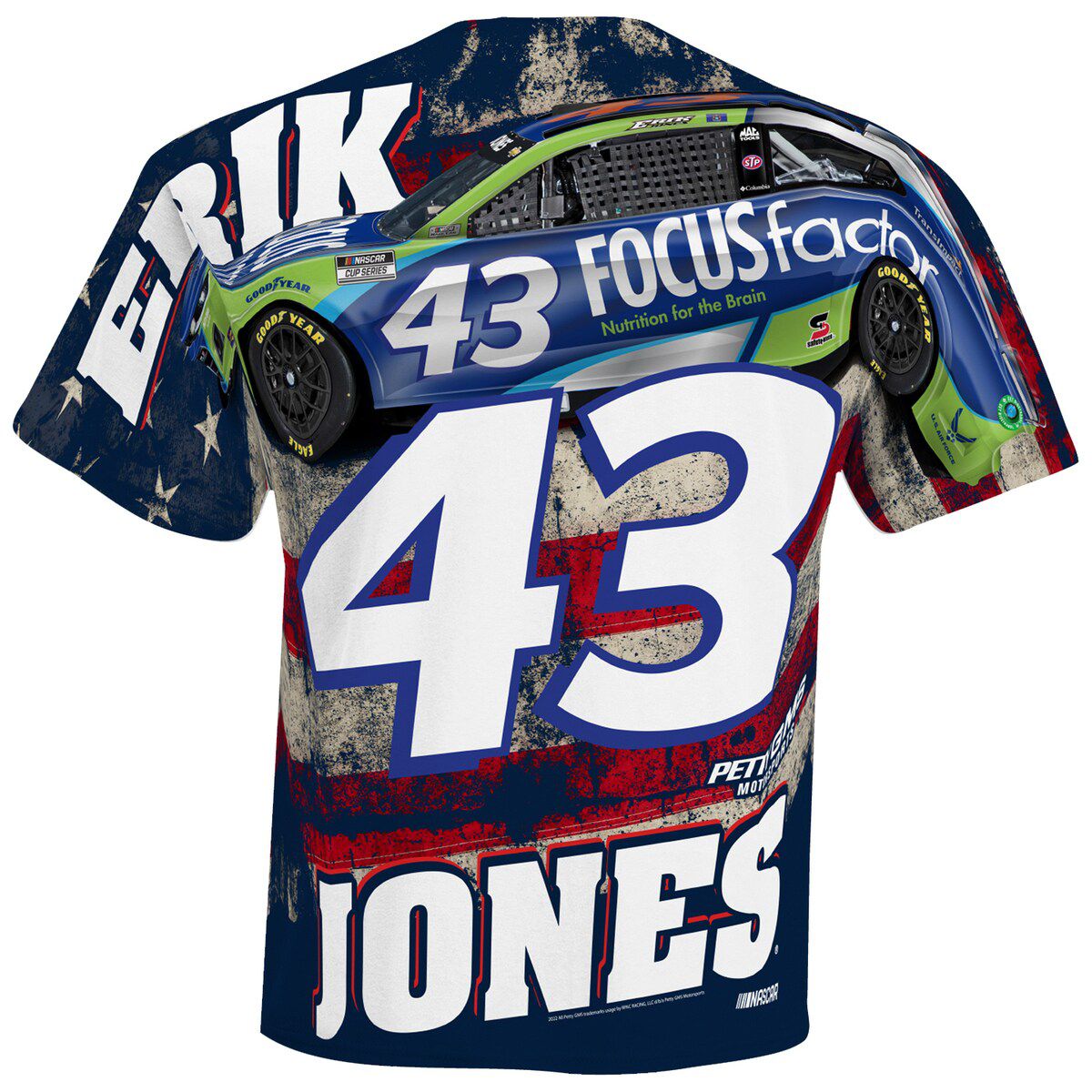 NASCAR Checkered Flag Erik Jones FOCUS factor Sublimated Patriotic Total Print T-Shirt