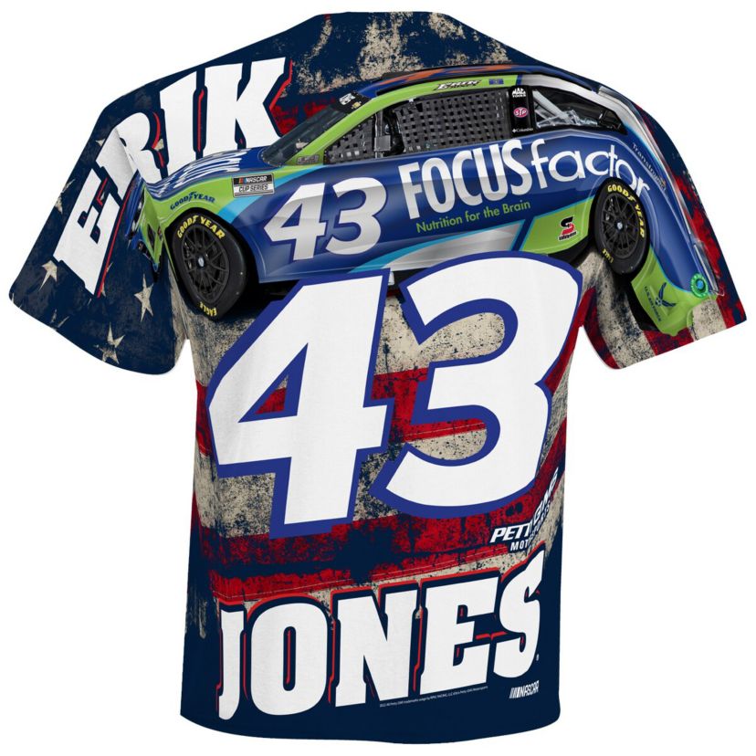 NASCAR Checkered Flag Erik Jones FOCUS factor Sublimated Patriotic Total Print T-Shirt