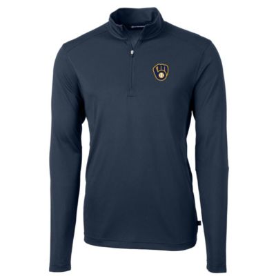 Cutter & Buck Men's MLB Milwaukee Brewers Big & Tall Virtue Eco Pique Quarter-Zip Pullover Jacket, Navy Blue, 3XL Tall