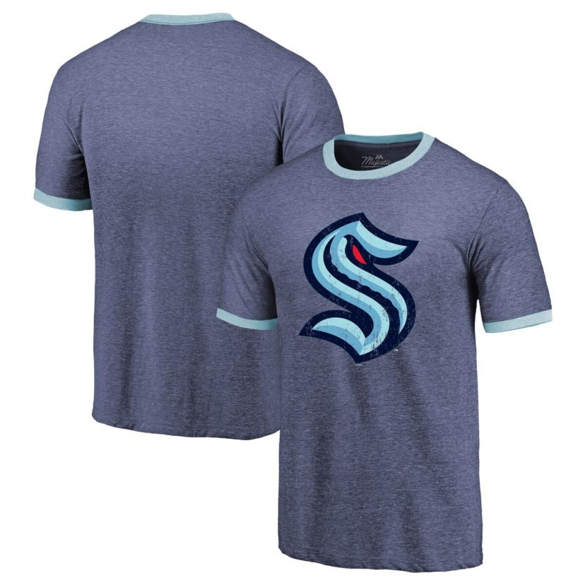 NHL ed Deep Sea Seattle Kraken Ringer Contrast Tri-Blend T-Shirt