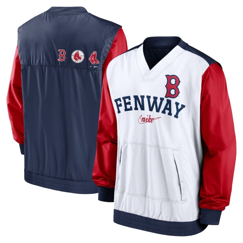 Boston Red Sox MLB Nike White/Navy Boston Sox Rewind Warmup V-Neck Pullover Jacket