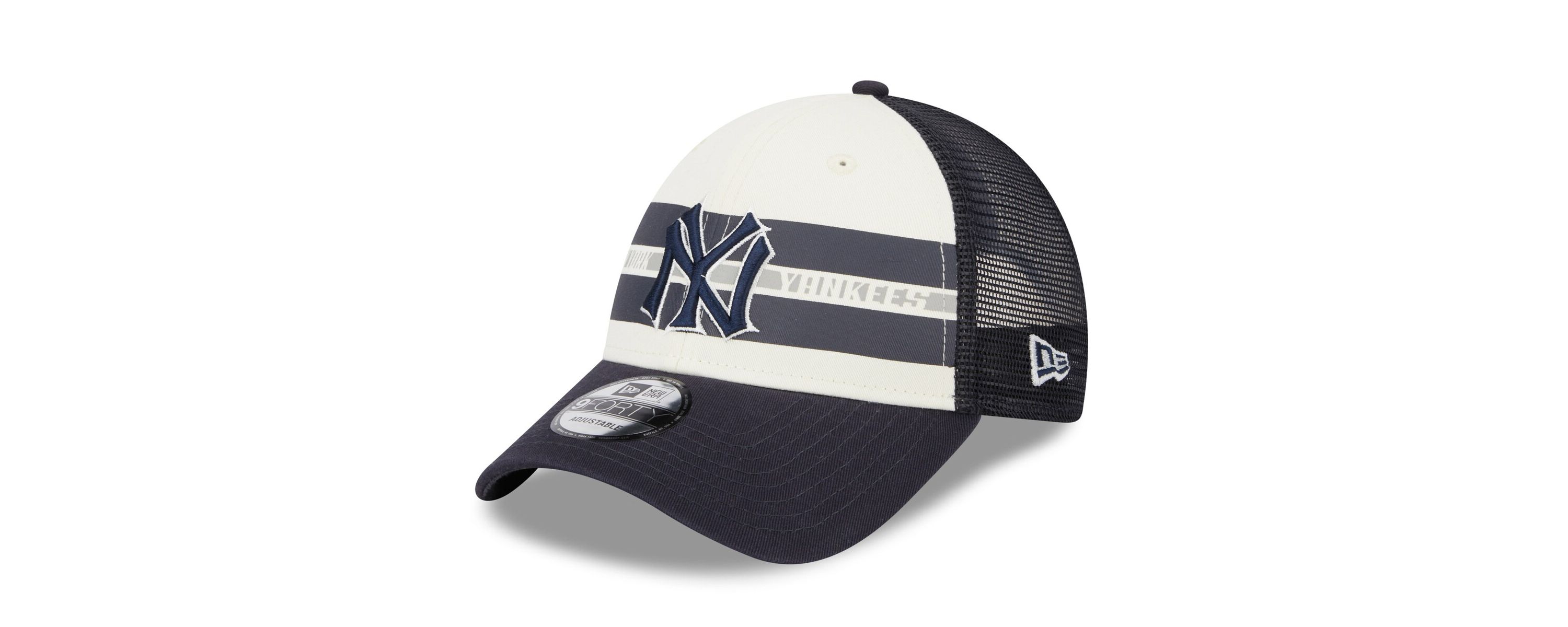 MLB White/Navy New York Yankees Team Stripe Trucker 9FORTY Snapback Hat