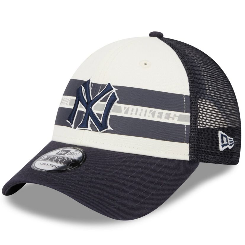 MLB White/Navy New York Yankees Team Stripe Trucker 9FORTY Snapback Hat