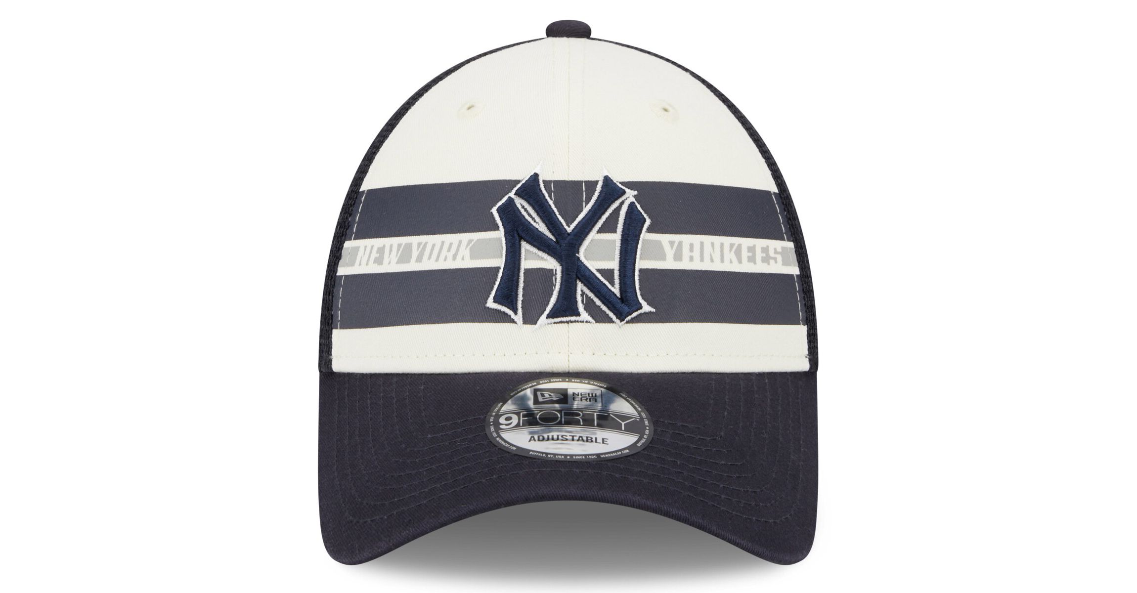 MLB White/Navy New York Yankees Team Stripe Trucker 9FORTY Snapback Hat