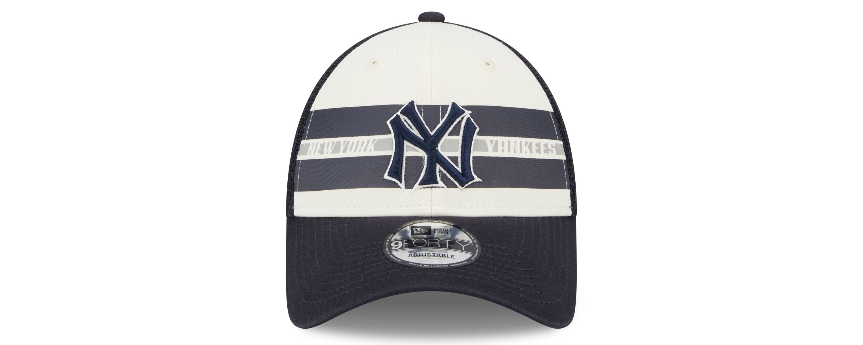 MLB White/Navy New York Yankees Team Stripe Trucker 9FORTY Snapback Hat