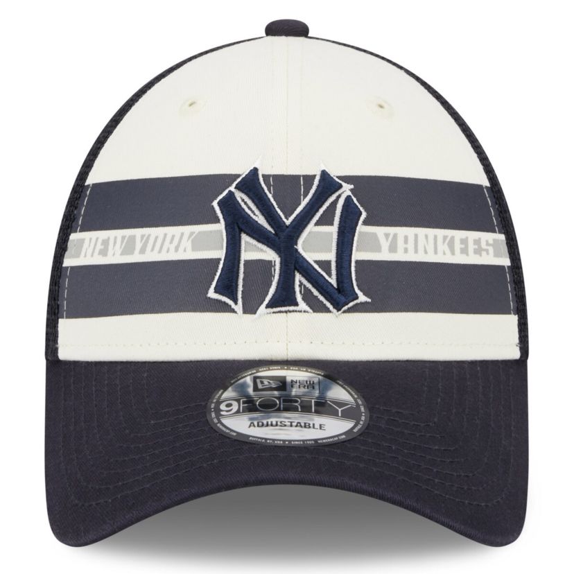 MLB White/Navy New York Yankees Team Stripe Trucker 9FORTY Snapback Hat