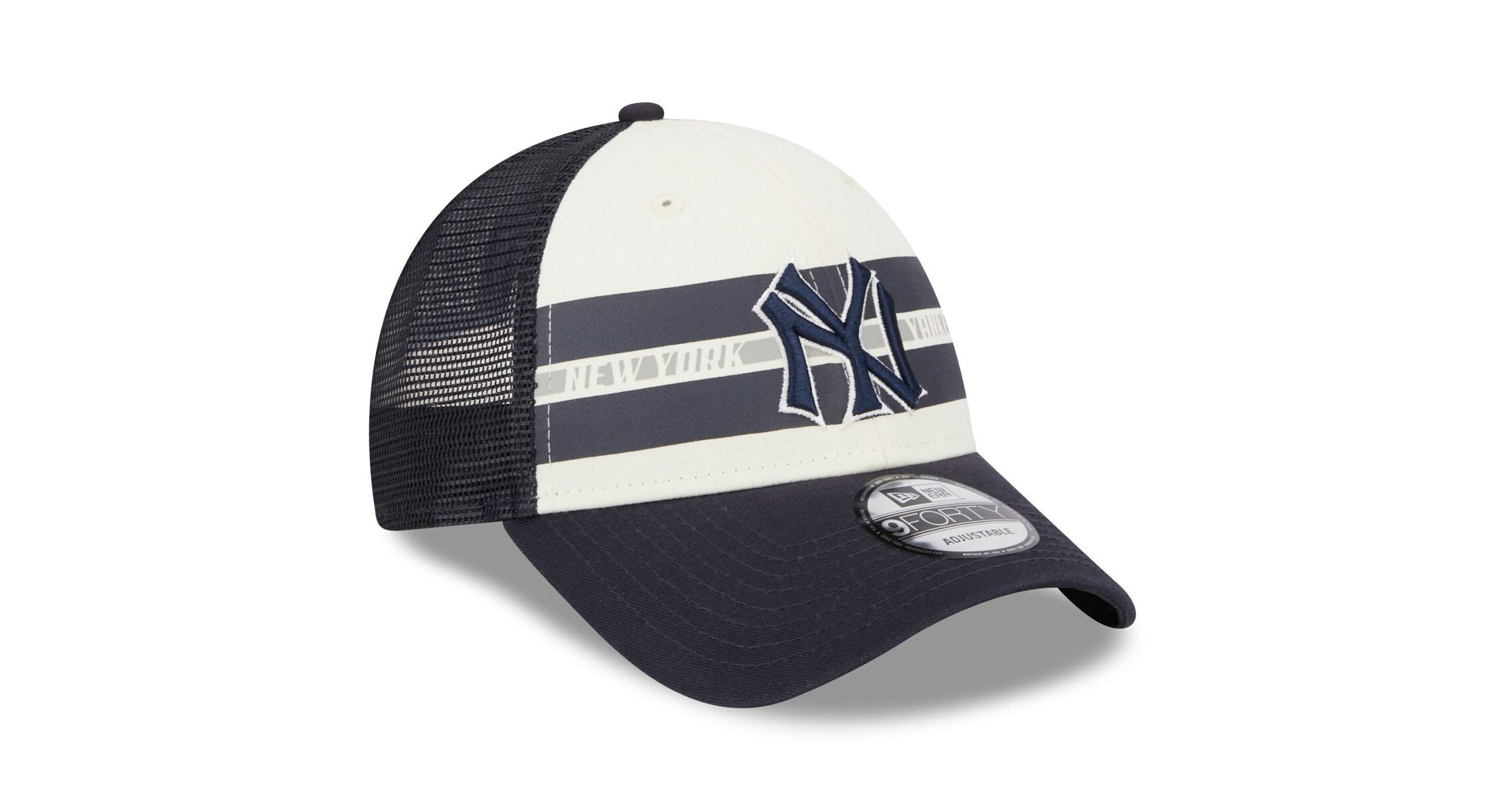 MLB White/Navy New York Yankees Team Stripe Trucker 9FORTY Snapback Hat