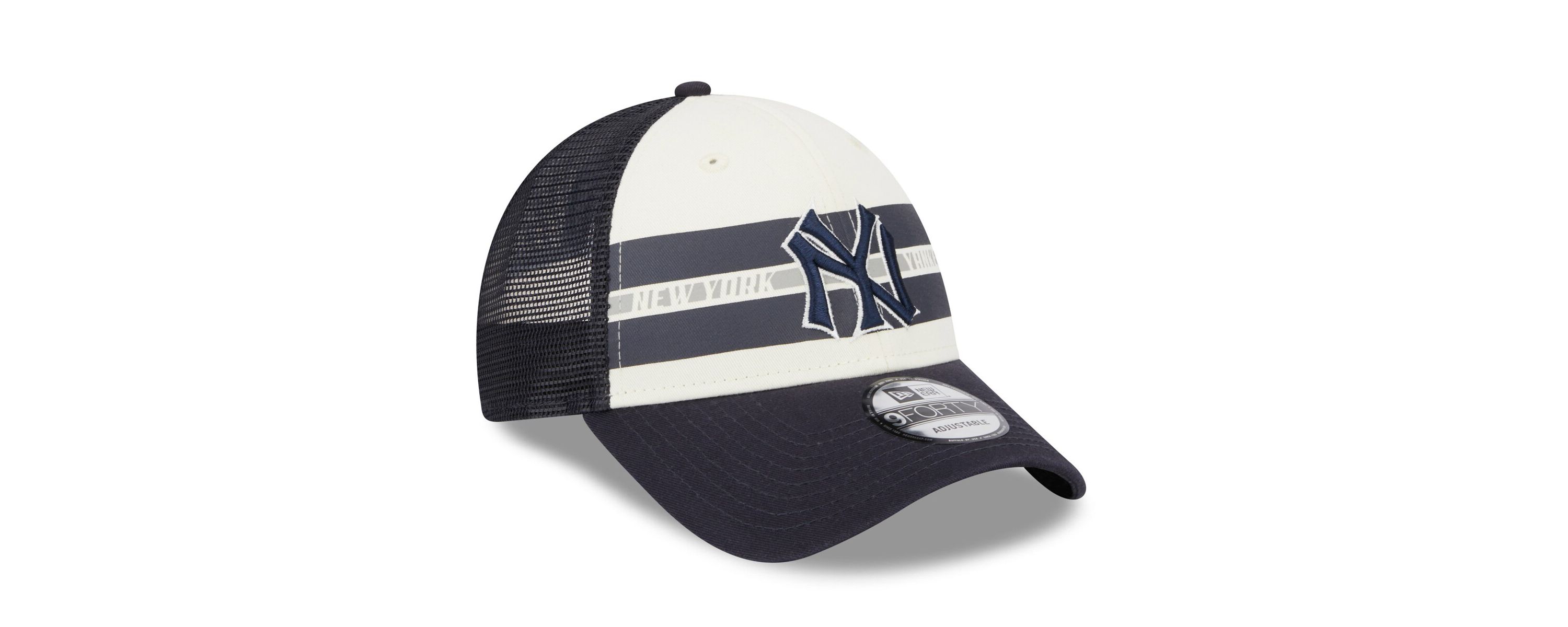 MLB White/Navy New York Yankees Team Stripe Trucker 9FORTY Snapback Hat