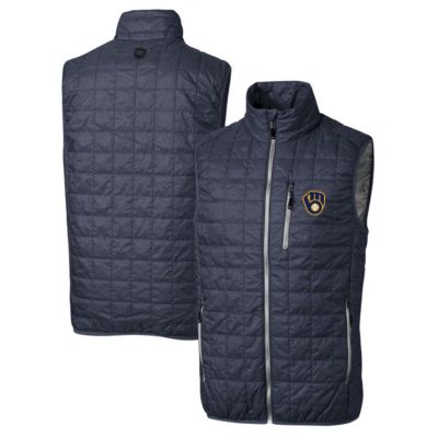 Cutter & Buck Men's MLB Heathered Milwaukee Brewers Rainier Full-Zip Puffer Vest, Navy Blue, 3XL