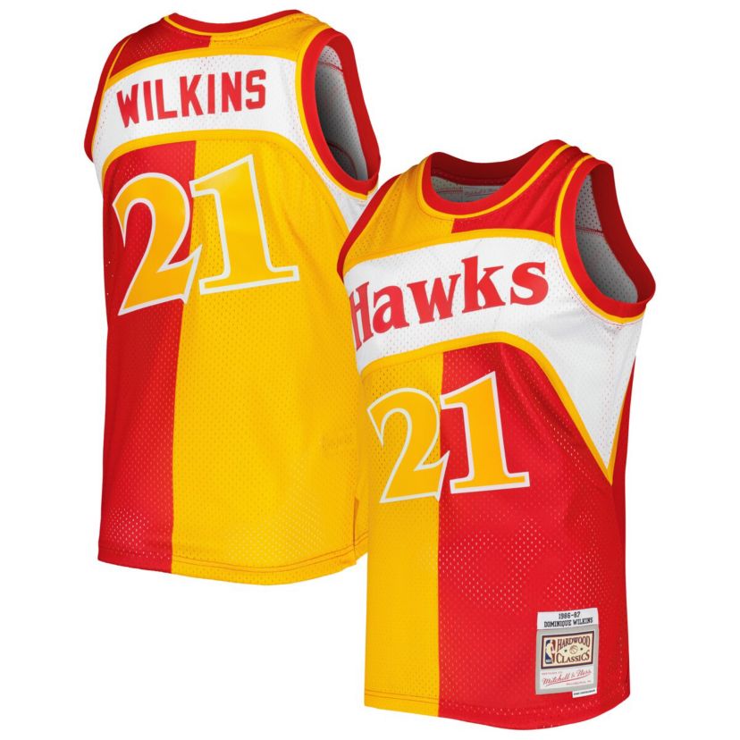 NBA Dominique Wilkins Yellow/Red Atlanta Hawks Hardwood Classics 1986/87 Split Swingman Jersey