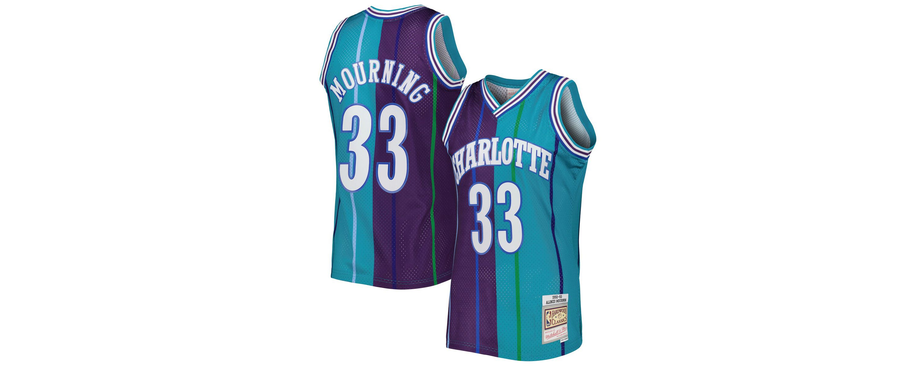 NBA Alonzo Mourning Teal/Purple Charlotte Hornets Hardwood Classics 1992/93 Split Swingman Jersey