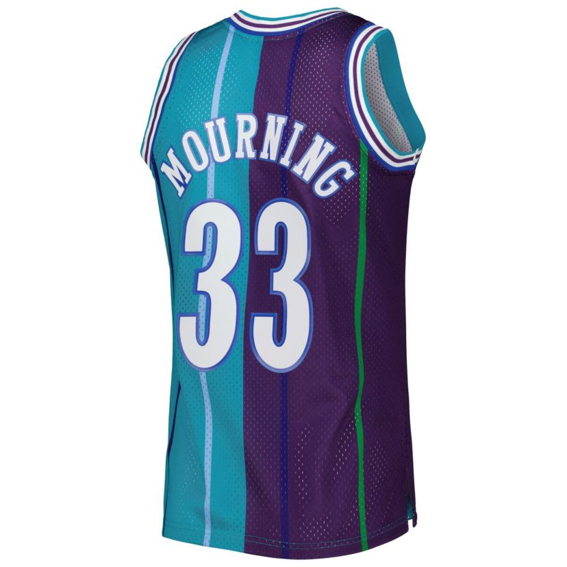 NBA Alonzo Mourning Teal/Purple Charlotte Hornets Hardwood Classics 1992/93 Split Swingman Jersey
