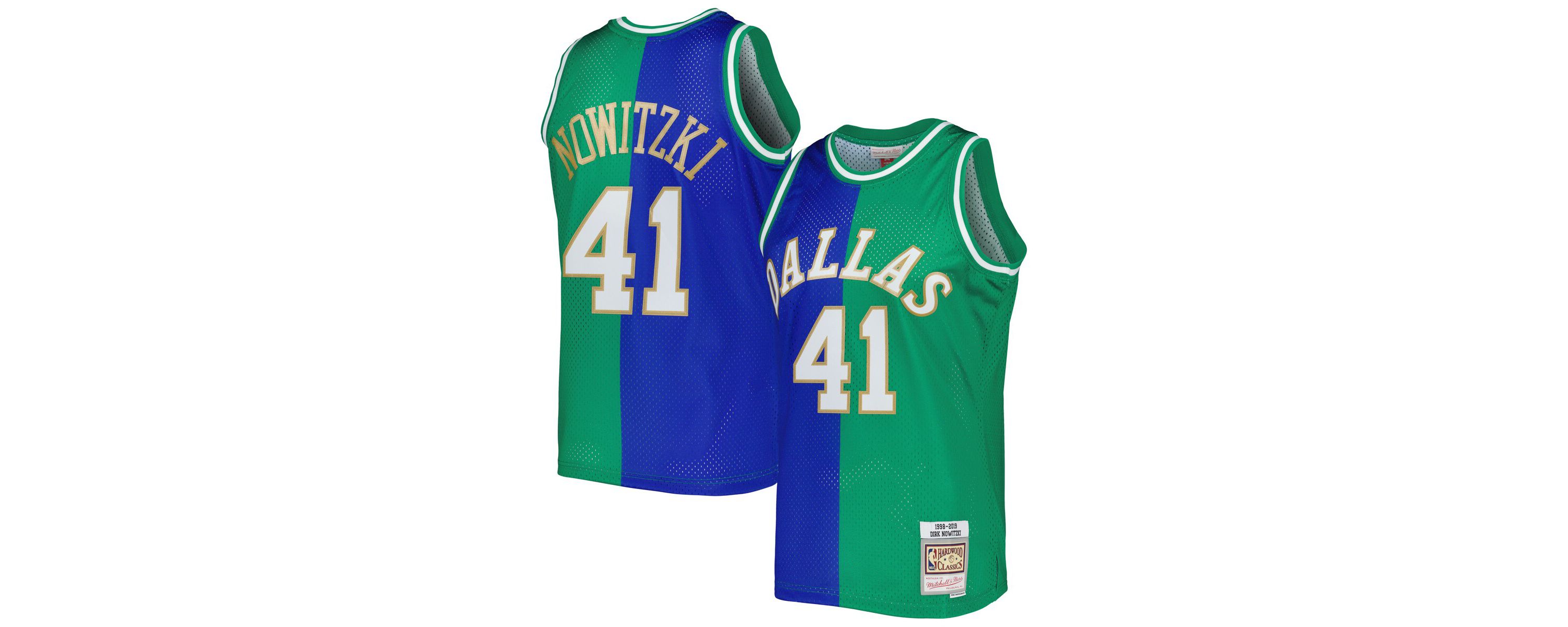 NBA Dirk Nowitzki Blue/Green Dallas Mavericks Hardwood Classics 1998/2019 Split Swingman Jersey