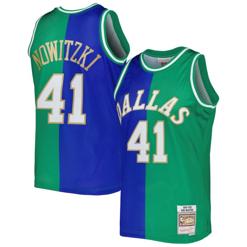 NBA Dirk Nowitzki Blue/Green Dallas Mavericks Hardwood Classics 1998/2019 Split Swingman Jersey