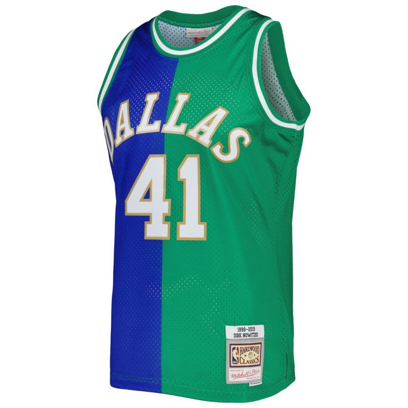 NBA Dirk Nowitzki Blue/Green Dallas Mavericks Hardwood Classics 1998/2019 Split Swingman Jersey