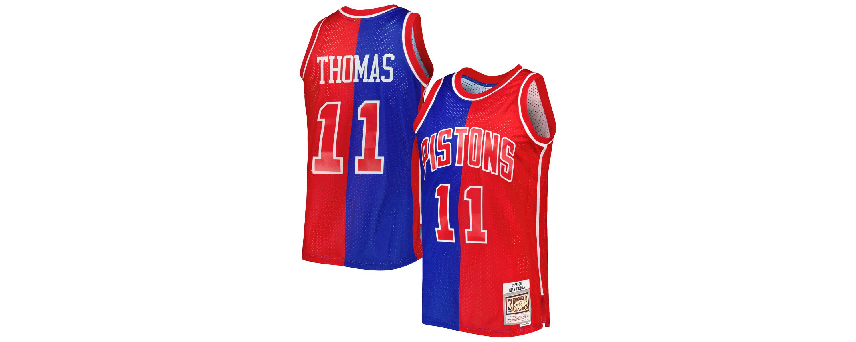NBA Isiah Thomas Blue/Red Detroit Pistons Hardwood Classics 1988/89 Split Swingman Jersey