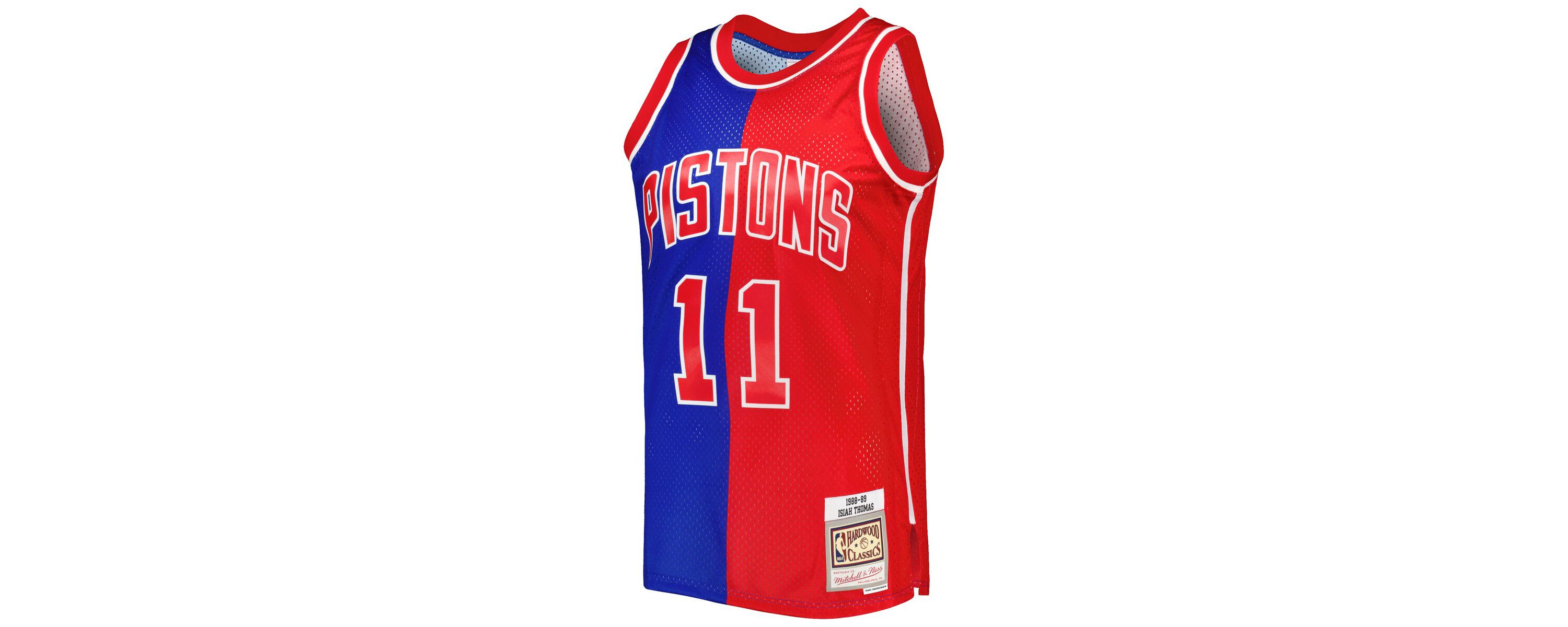 NBA Isiah Thomas Blue/Red Detroit Pistons Hardwood Classics 1988/89 Split Swingman Jersey