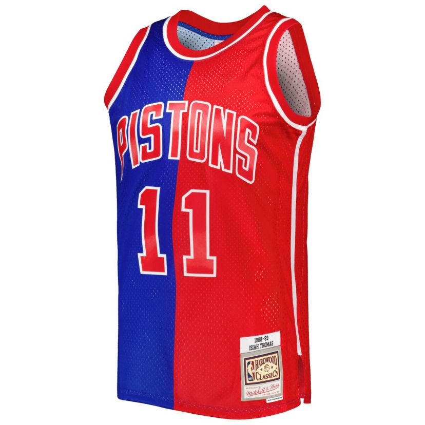 NBA Isiah Thomas Blue/Red Detroit Pistons Hardwood Classics 1988/89 Split Swingman Jersey