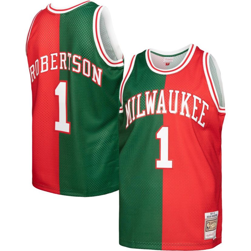 NBA Oscar Robertson Green/Red Milwaukee Bucks Hardwood Classics 1971/72 Split Swingman Jersey