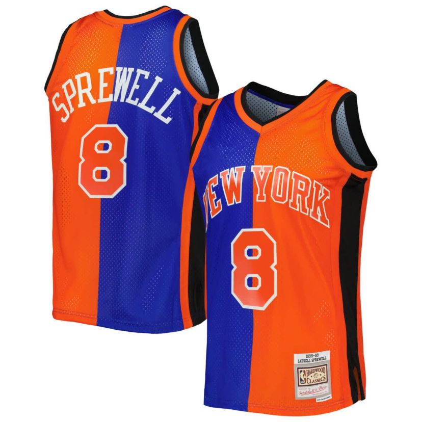 NBA Latrell Sprewell Blue/Orange New York Knicks Hardwood Classics 1998/99 Split Swingman Jersey