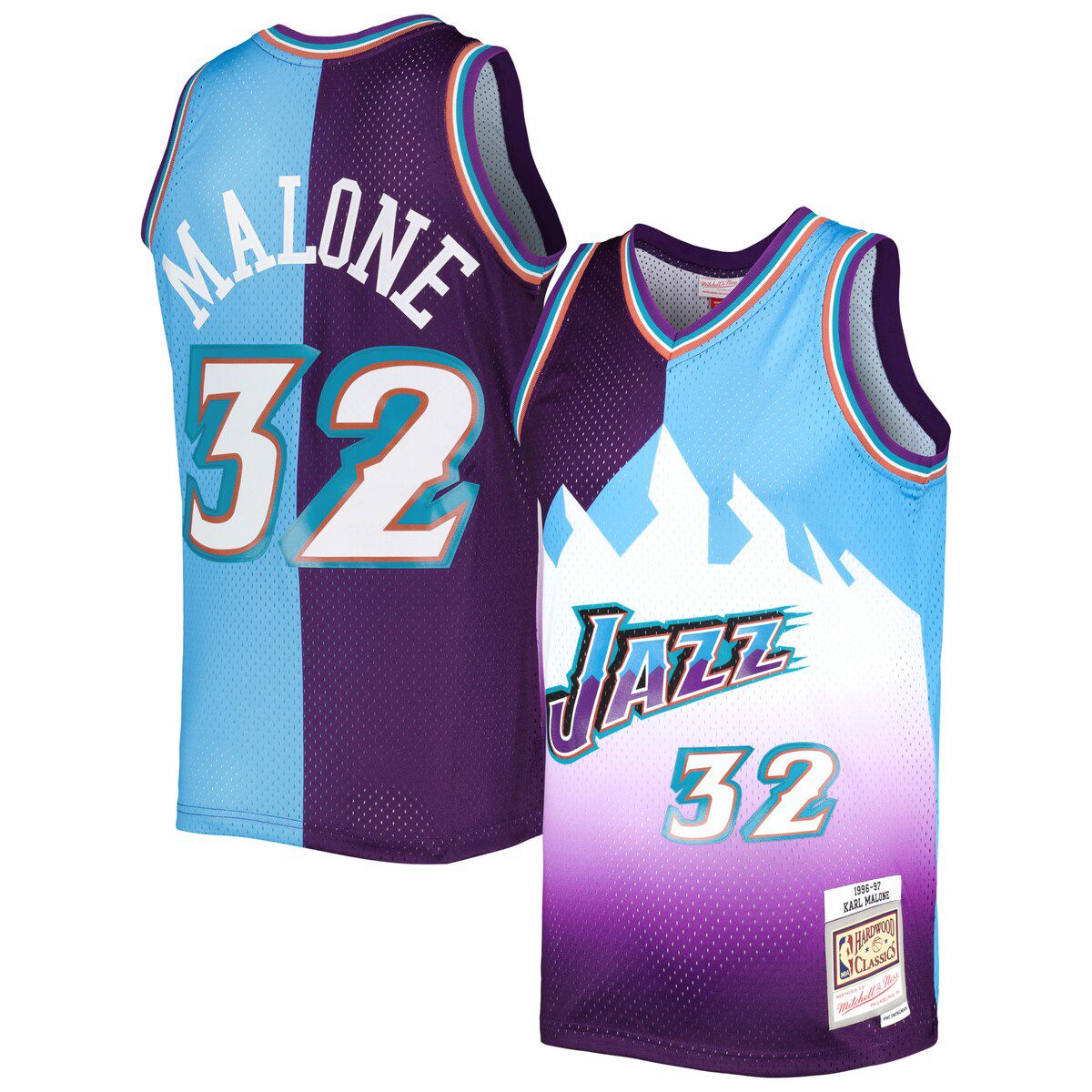 NBA Karl Malone Purple/Turquoise Utah Jazz Hardwood Classics 1996/97 Split Swingman Jersey