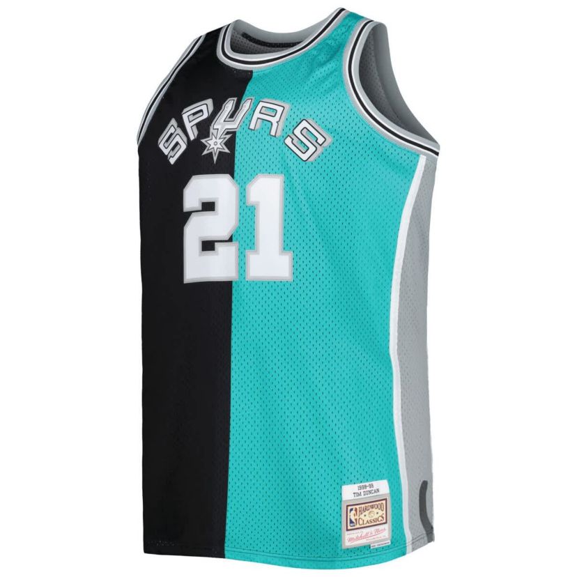 NBA Tim Duncan Black/Teal San Antonio Spurs Big & Tall Hardwood Classics 1998/99 Split Swingman Jersey