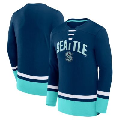 Men's NHL Fanatics Deep Sea Seattle Kraken Back Pass Lace-Up Long Sleeve T-Shirt, Navy Blue, Large