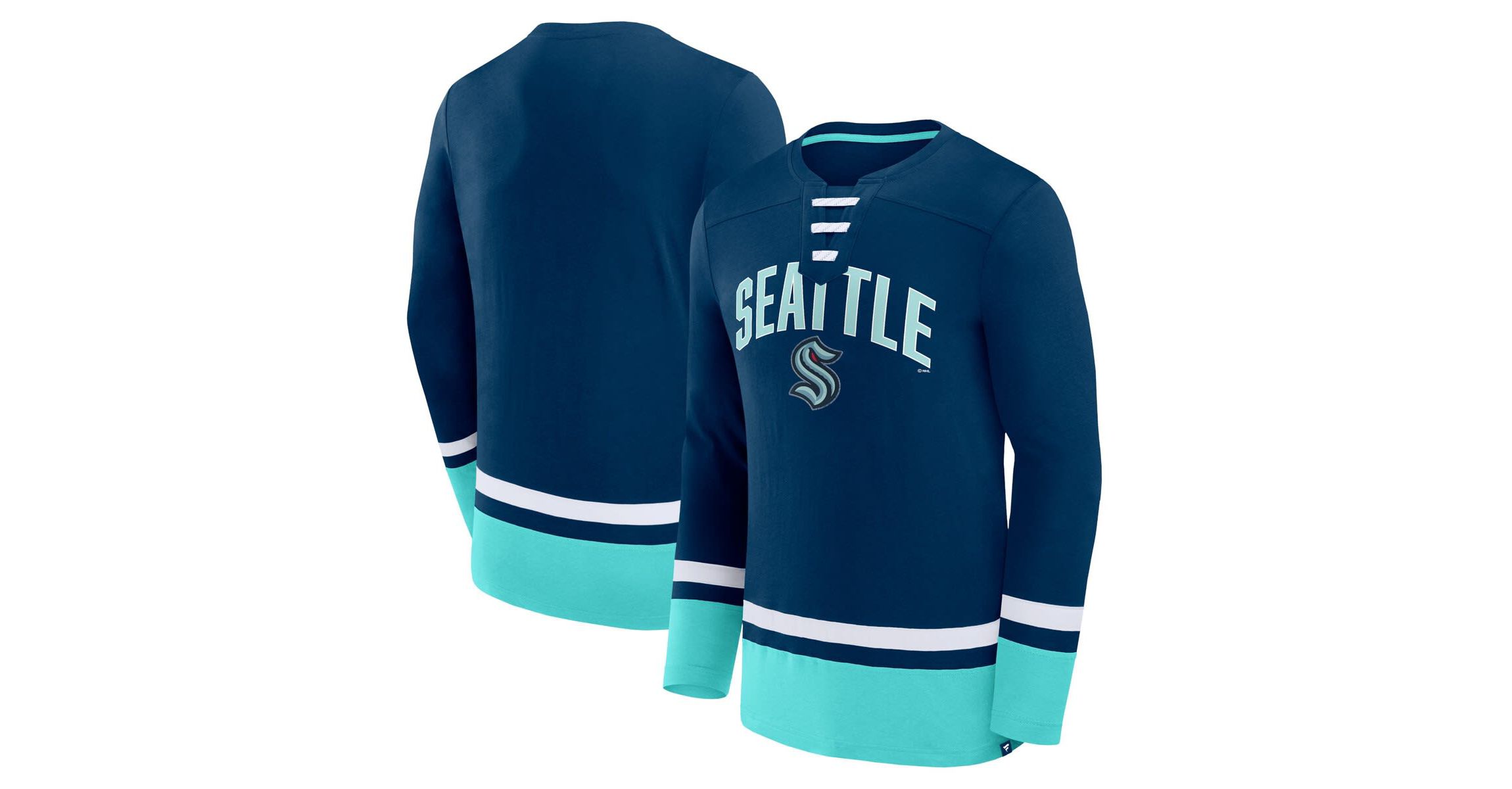 NHL Fanatics Deep Sea Seattle Kraken Back Pass Lace-Up Long Sleeve T-Shirt