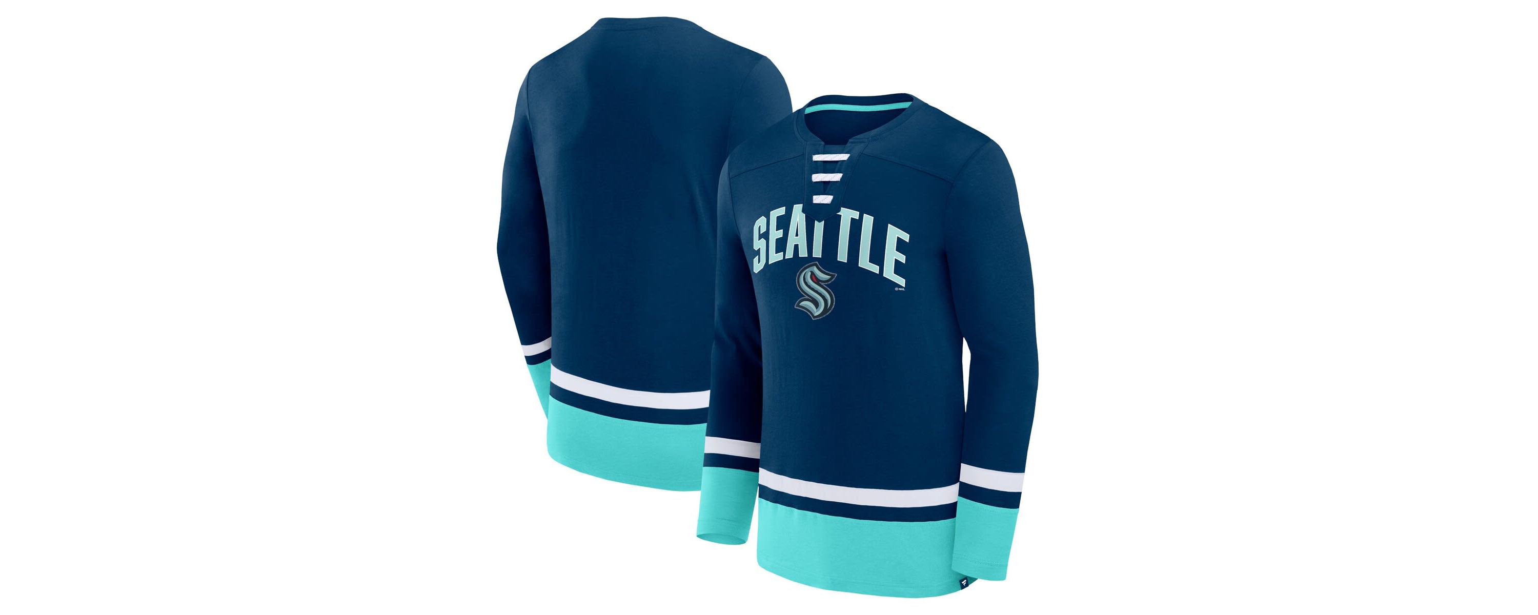NHL Fanatics Deep Sea Seattle Kraken Back Pass Lace-Up Long Sleeve T-Shirt