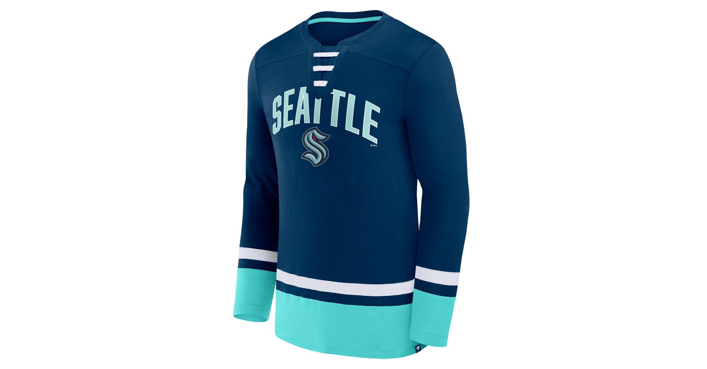 NHL Fanatics Deep Sea Seattle Kraken Back Pass Lace-Up Long Sleeve T-Shirt