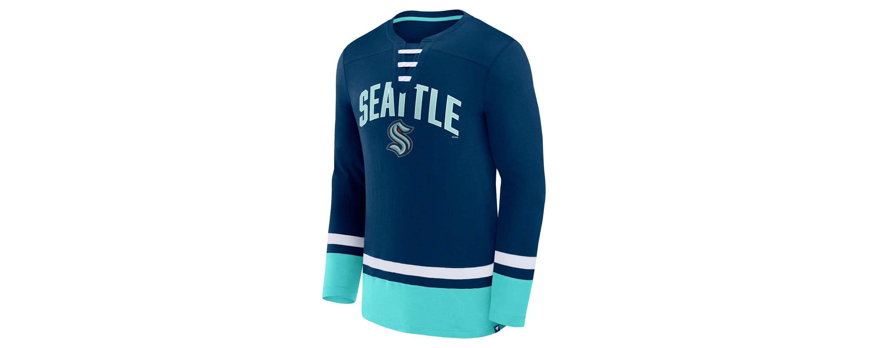 NHL Fanatics Deep Sea Seattle Kraken Back Pass Lace-Up Long Sleeve T-Shirt