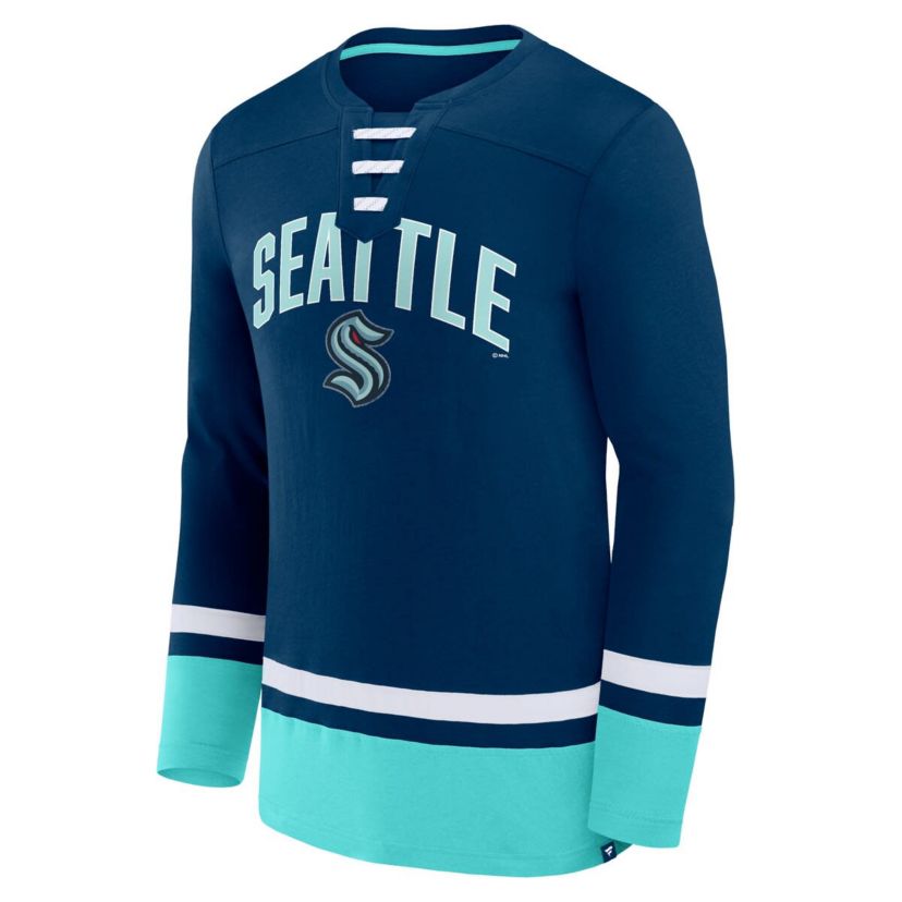 NHL Fanatics Deep Sea Seattle Kraken Back Pass Lace-Up Long Sleeve T-Shirt