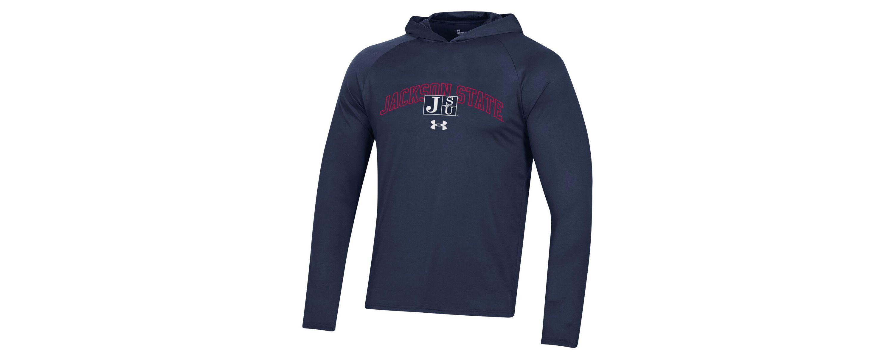 NCAA Under Armour Jackson State Tigers 2023 Sideline Tech Hooded Raglan Long Sleeve T-Shirt