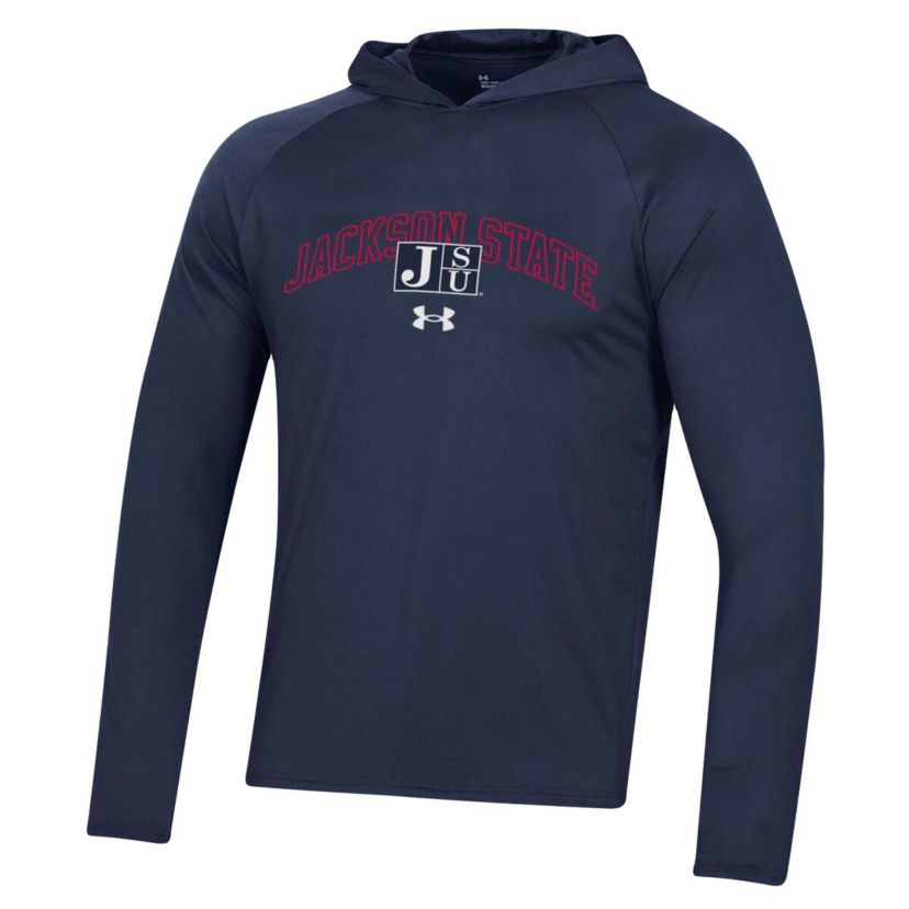 NCAA Under Armour Jackson State Tigers 2023 Sideline Tech Hooded Raglan Long Sleeve T-Shirt