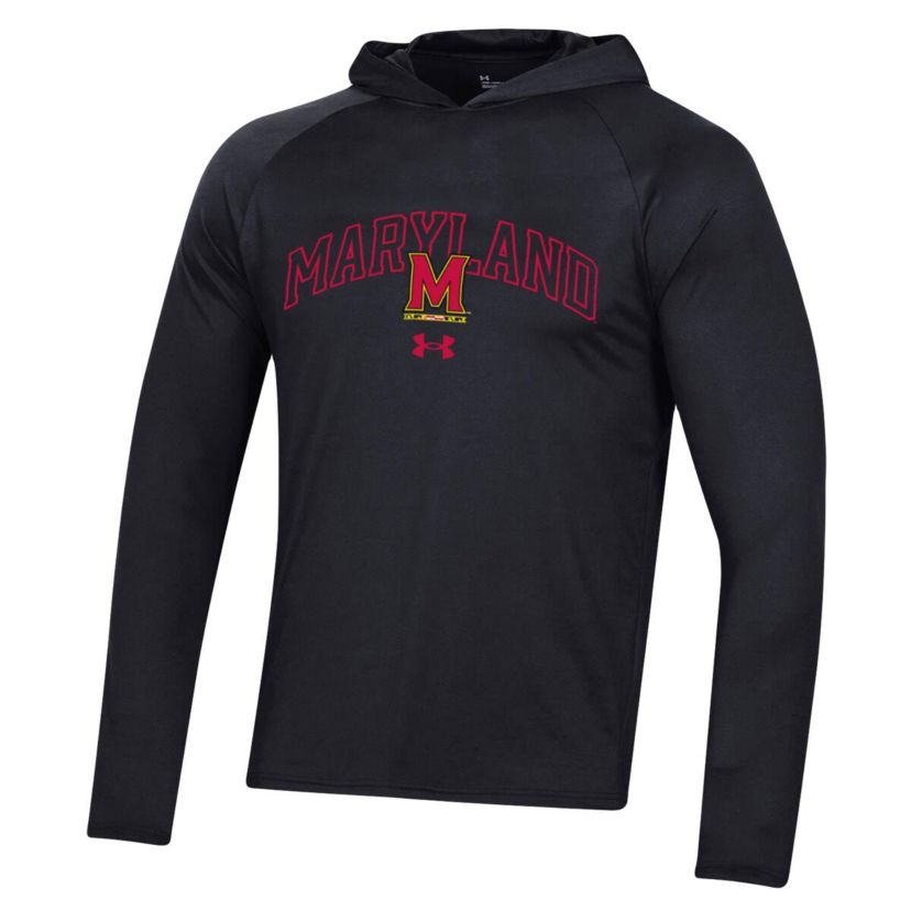 NCAA Under Armour Maryland Terrapins 2023 Sideline Tech Hooded Raglan Long Sleeve T-Shirt