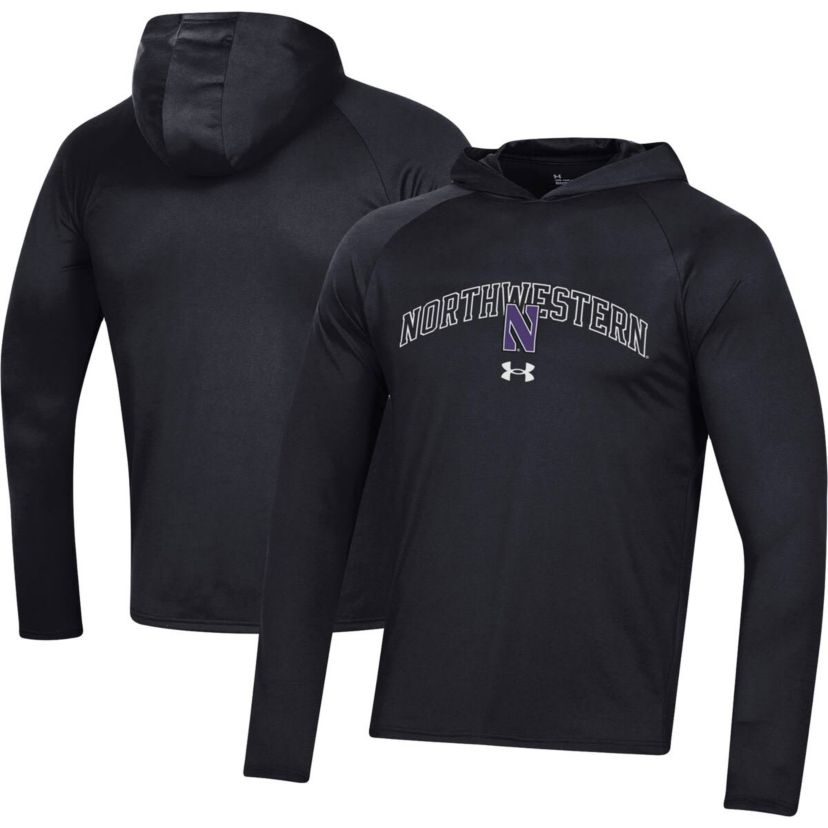 NCAA Under Armour Northwestern Wildcats 2023 Sideline Tech Hooded Raglan Long Sleeve T-Shirt