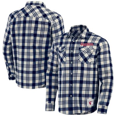 Darius Rucker Collection by Fanatics Men's MLB Cleveland Guardians Plaid Flannel Button-Up Shirt, Navy Blue, Small
