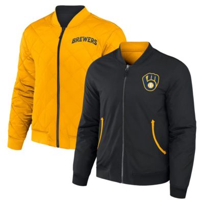 Darius Rucker Collection by Fanatics Men's MLB Black/Gold Milwaukee Brewers Reversible Full-Zip Bomber Jacket, Black, Small