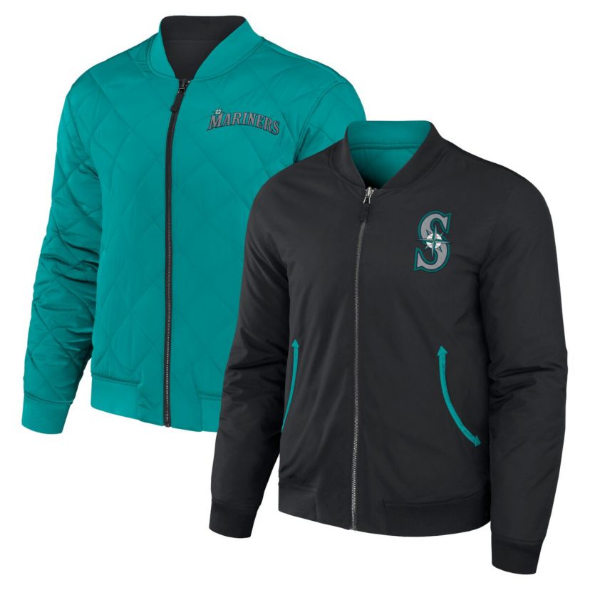 MLB Black/Teal Seattle Mariners Reversible Full-Zip Bomber Jacket