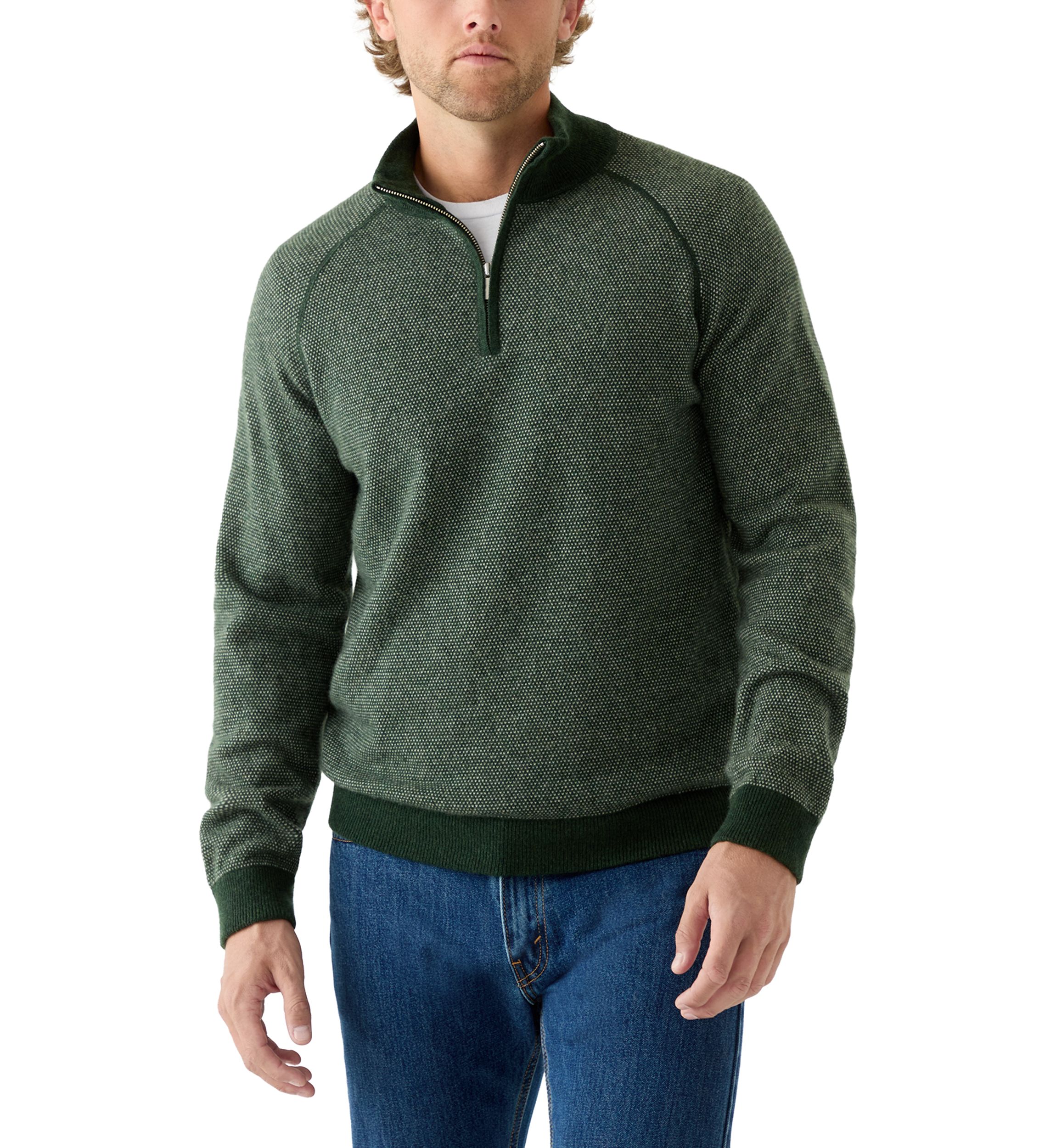 Mens Birdseye Pattern 1/4 Zip Cashmere Sweater